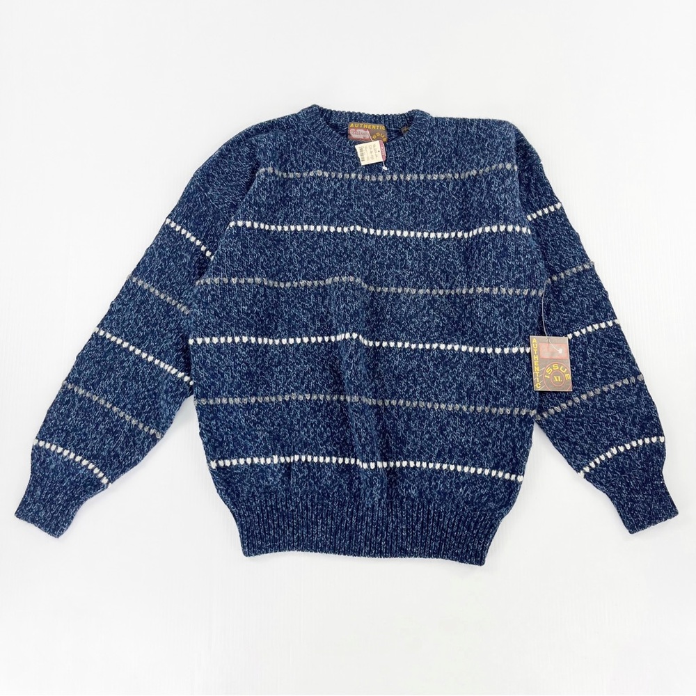 Vintage Authentic Issue Wool Nylon Blue Striped Crewneck Pullover Sweater Top